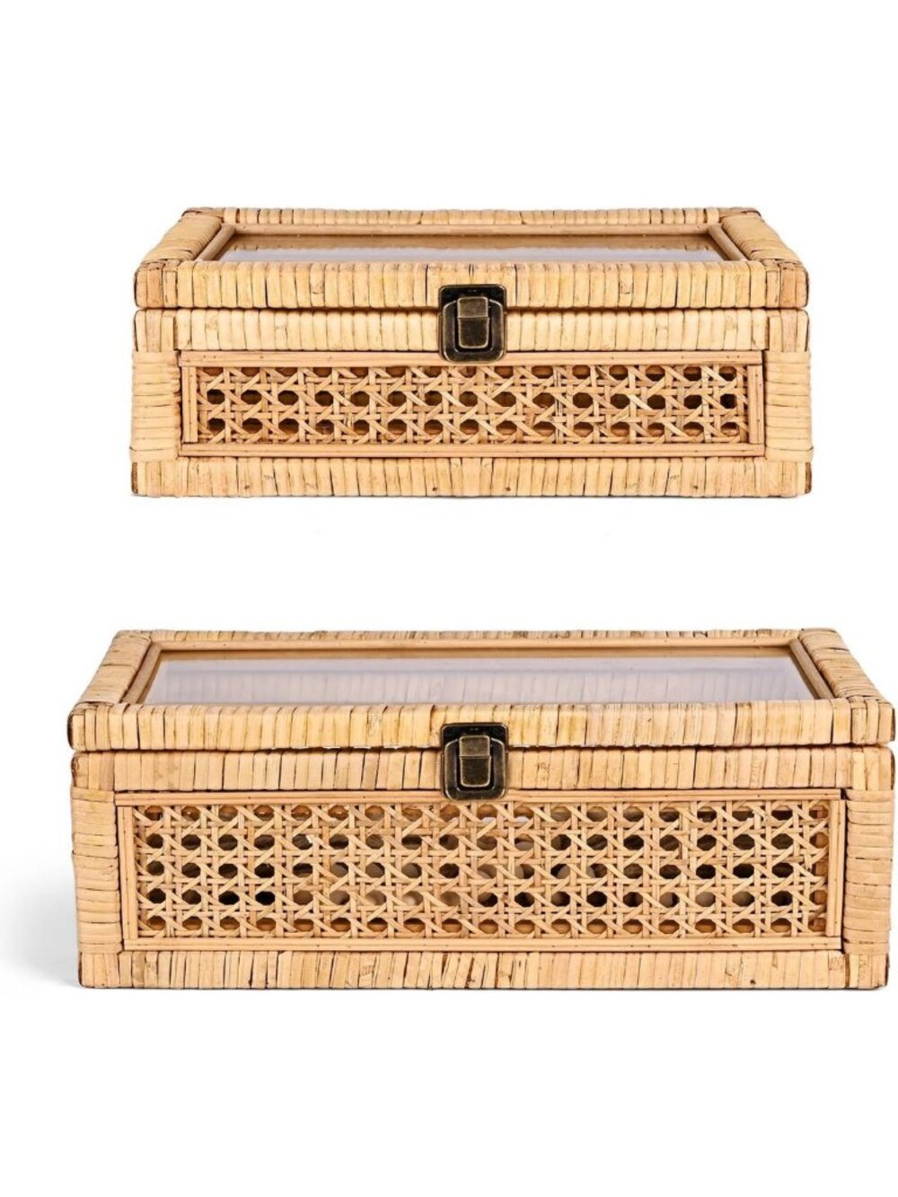 Set of 2 Woven Rattan Decorative Boxes with Lids - Stylish Glass Display Storage